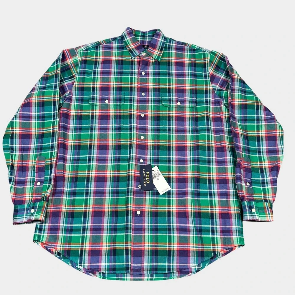 New Polo Ralph Lauren Shirt Mens LT Green Multi Plaid Long Sleeve Button Down